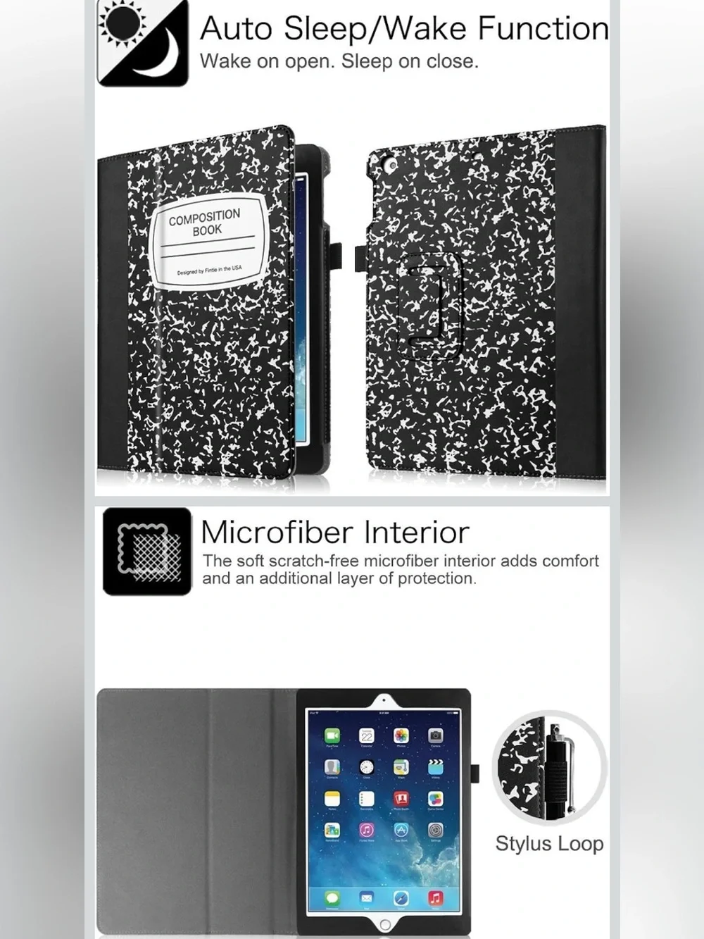 Composition Book Tablet Cover iPad Mini 1/2/3 EUC Black and White